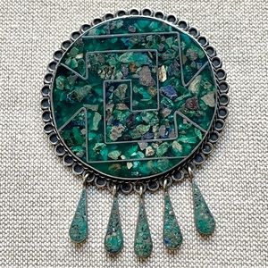 Vintage sterling silver and crushed stone inlay brooch-pendant